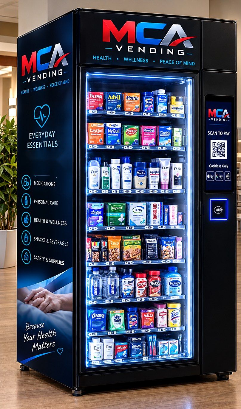 MCA Vending branded machine in a hospital lobby, stocked with everyday medicine, personal care items, and snacks.